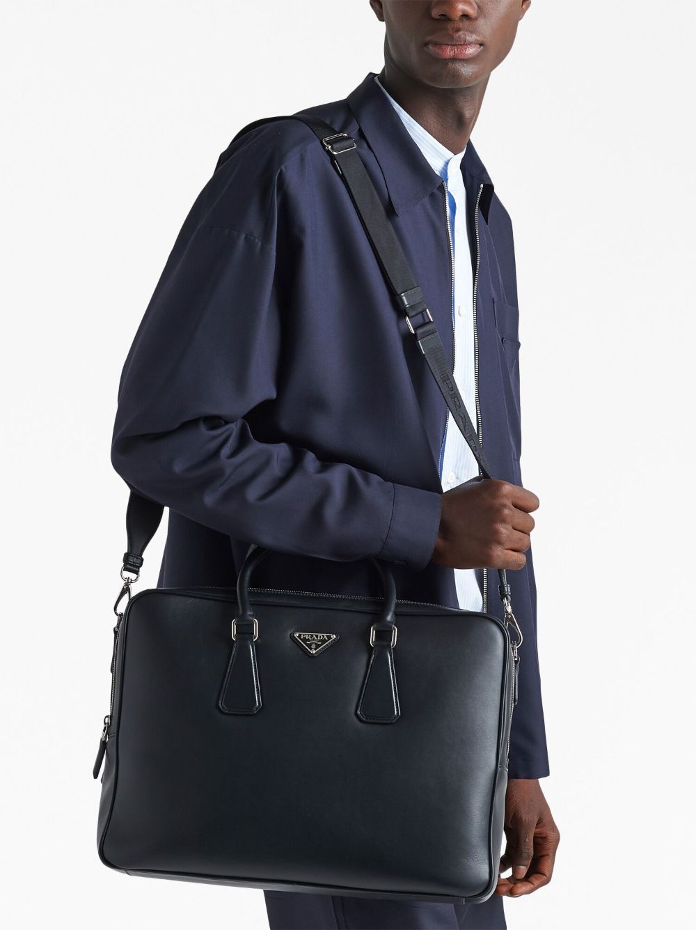 Pra*a triangle-logo saffiano leather briefcase